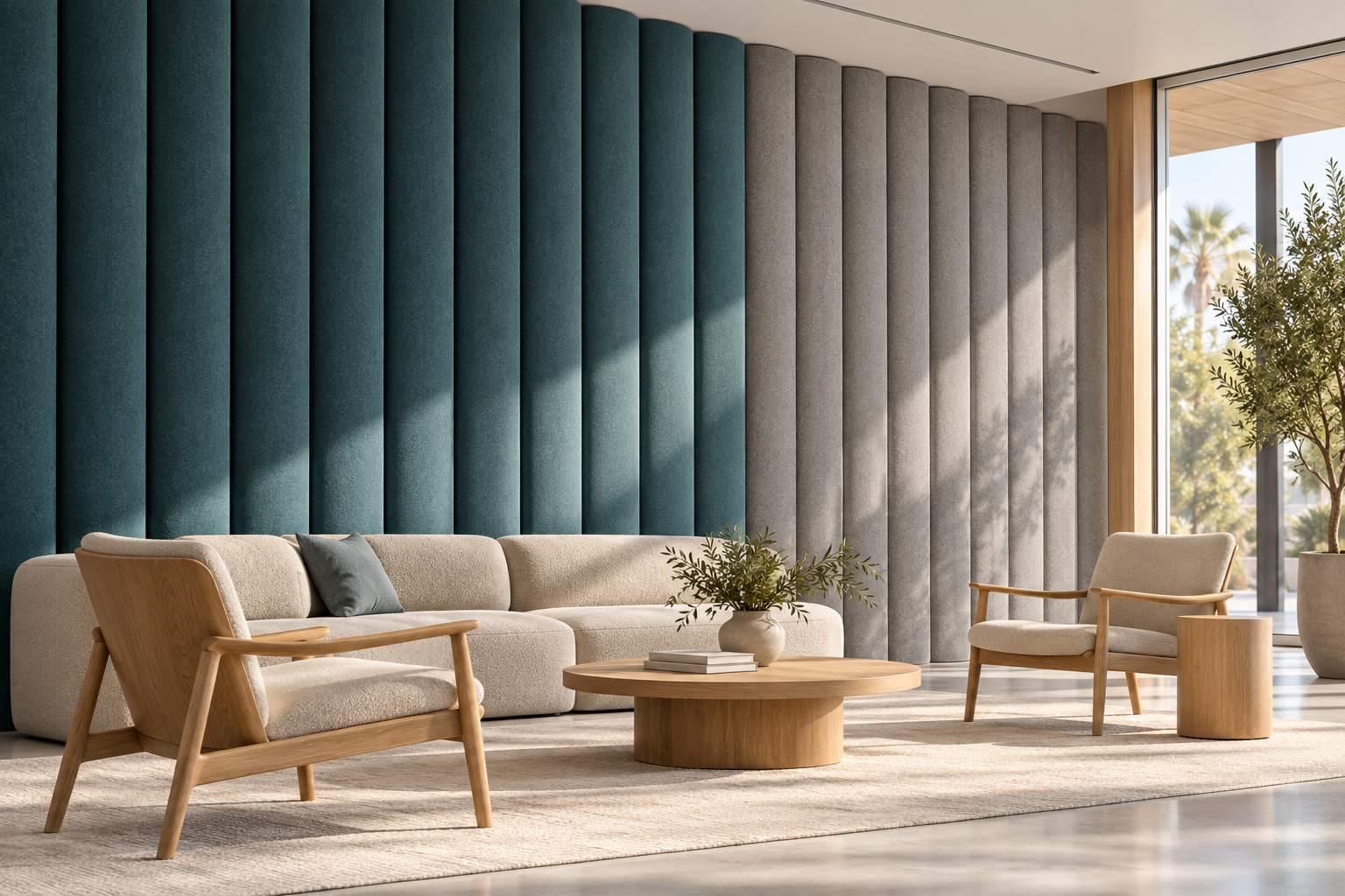 AI-generated concept of a commercial felt acoustic wall panel installation